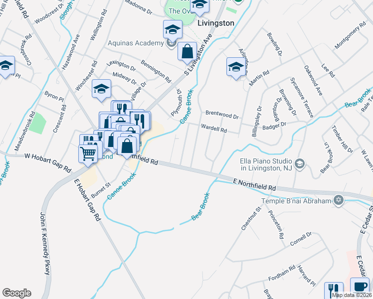 map of restaurants, bars, coffee shops, grocery stores, and more near 24 Swan Road in Livingston