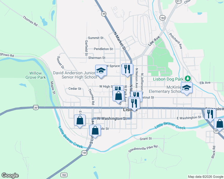 map of restaurants, bars, coffee shops, grocery stores, and more near 221 West High Street in Lisbon