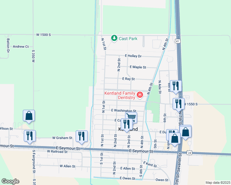 map of restaurants, bars, coffee shops, grocery stores, and more near 114 East Iroquois Street in Kentland
