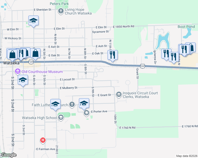 map of restaurants, bars, coffee shops, grocery stores, and more near 828 East Locust Street in Watseka