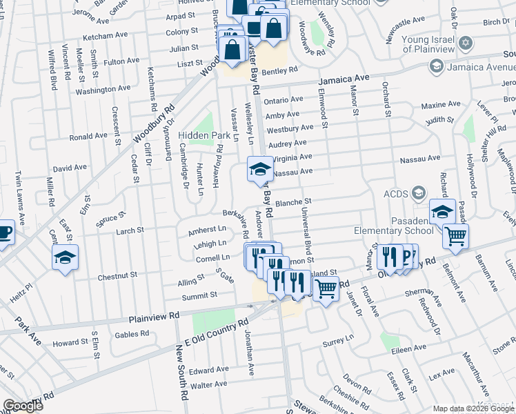 map of restaurants, bars, coffee shops, grocery stores, and more near 11 Columbia Road in Hicksville