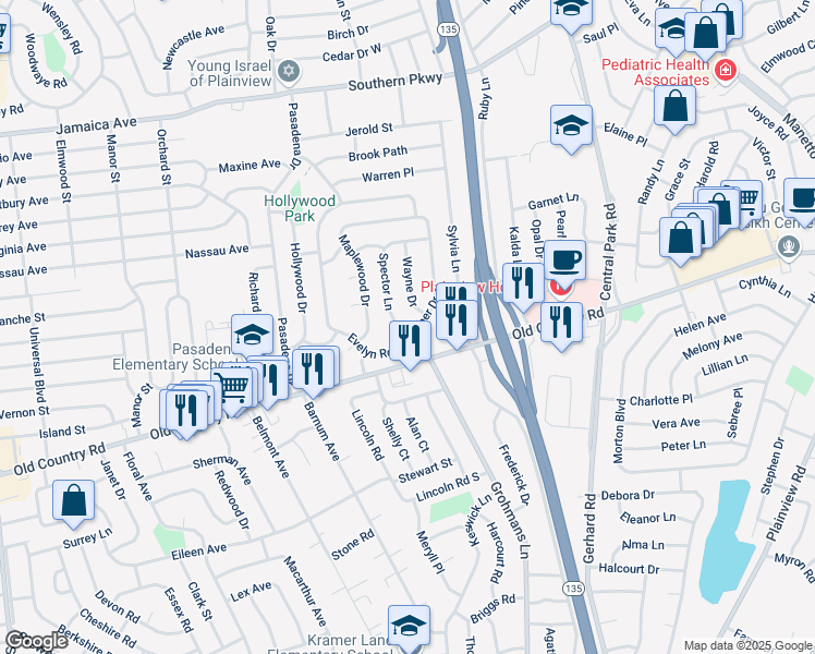 map of restaurants, bars, coffee shops, grocery stores, and more near 9 Stauber Drive in Plainview