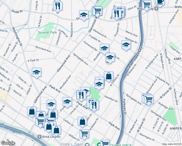 map of restaurants, bars, coffee shops, grocery stores, and more near in East Orange
