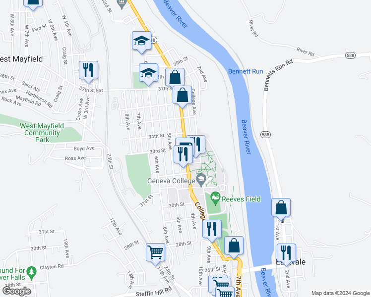 map of restaurants, bars, coffee shops, grocery stores, and more near 3302 4th Avenue in Beaver Falls
