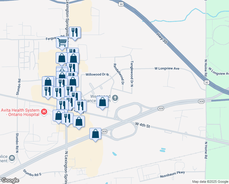 map of restaurants, bars, coffee shops, grocery stores, and more near 1957 Tanglewood Drive South in Ontario