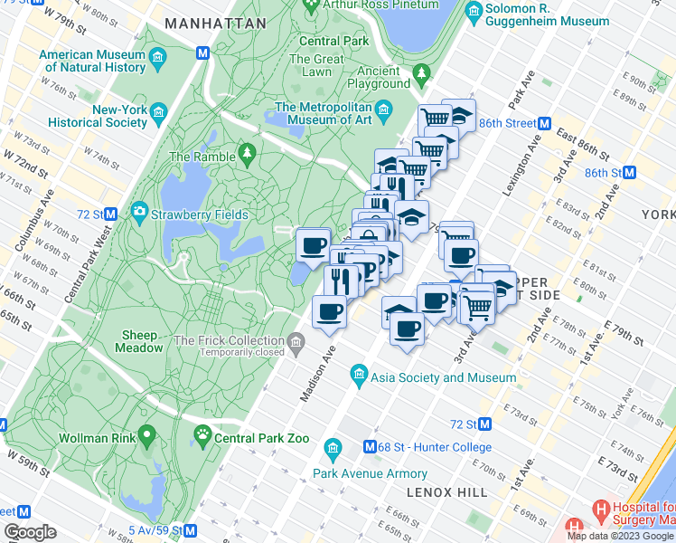 map of restaurants, bars, coffee shops, grocery stores, and more near 936 5th Avenue in New York