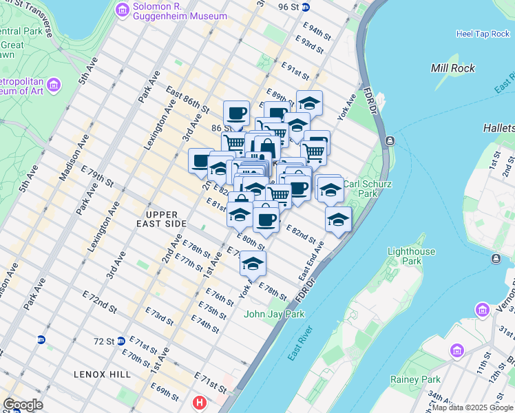 map of restaurants, bars, coffee shops, grocery stores, and more near 407 East 82nd Street in New York