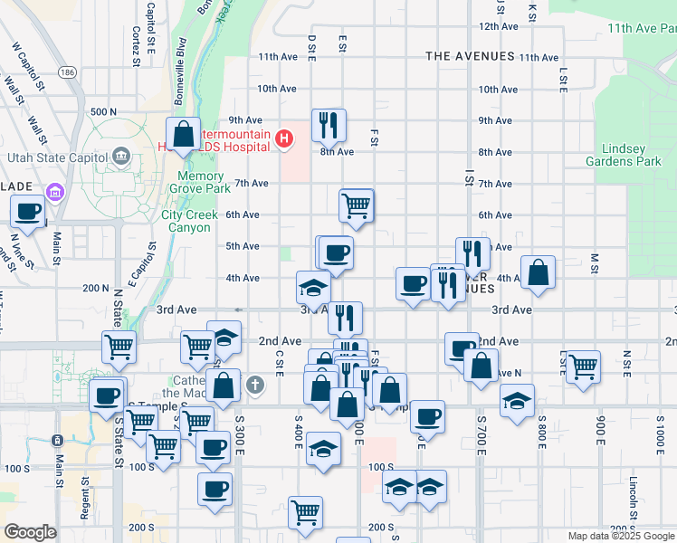 map of restaurants, bars, coffee shops, grocery stores, and more near 389 4th Avenue in Salt Lake City