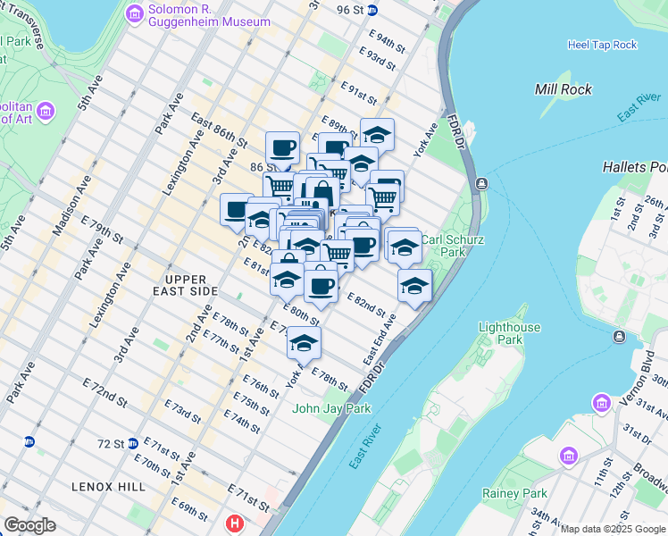 map of restaurants, bars, coffee shops, grocery stores, and more near 428 East 83rd Street in New York