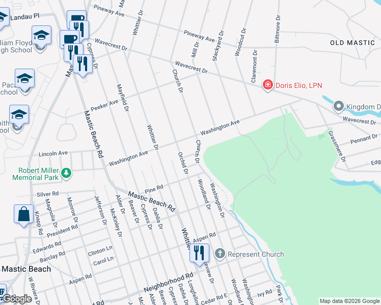 map of restaurants, bars, coffee shops, grocery stores, and more near 233 Orchid Drive in Mastic Beach