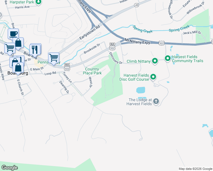 map of restaurants, bars, coffee shops, grocery stores, and more near 160 Towhee Drive in Boalsburg