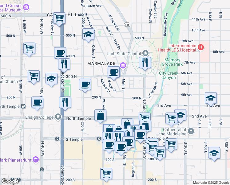 map of restaurants, bars, coffee shops, grocery stores, and more near 241 North Vine Street in Salt Lake City