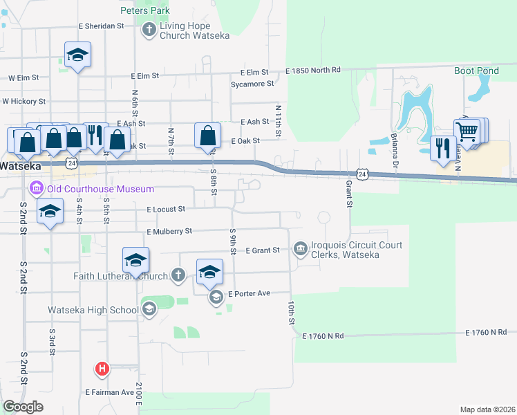 map of restaurants, bars, coffee shops, grocery stores, and more near 828 East Locust Street in Watseka