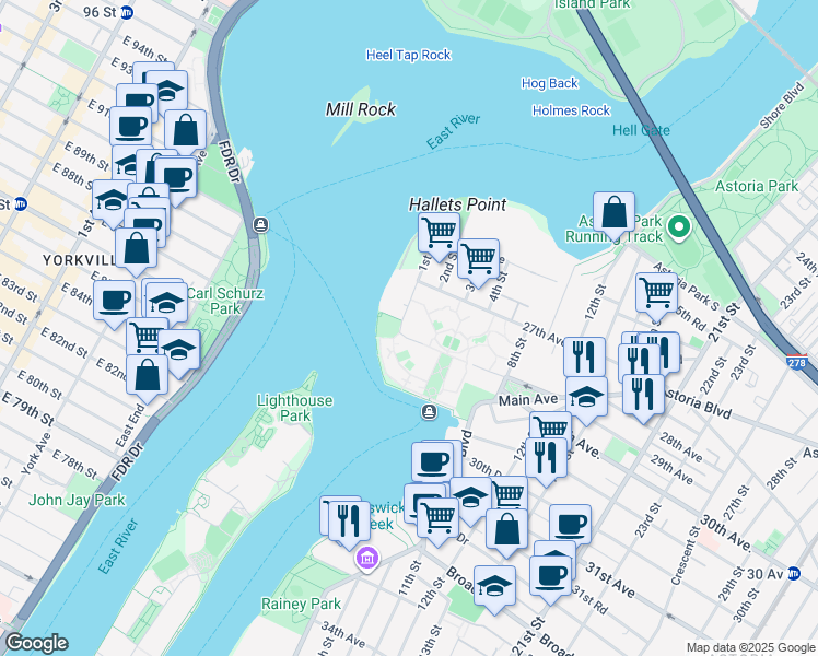map of restaurants, bars, coffee shops, grocery stores, and more near 105 Astoria Boulevard in Queens