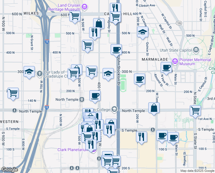 map of restaurants, bars, coffee shops, grocery stores, and more near 241 North 300 West in Salt Lake City