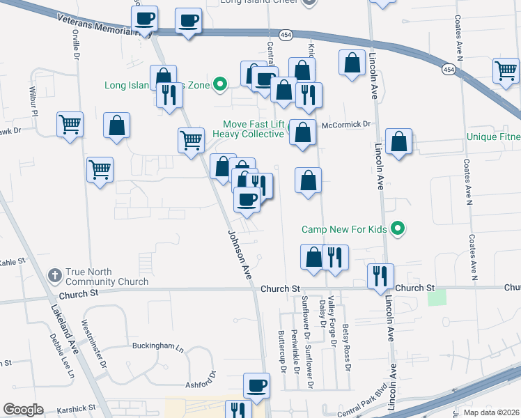 map of restaurants, bars, coffee shops, grocery stores, and more near 87 Carlough Road in Bohemia