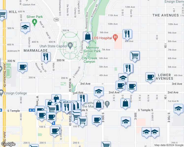 map of restaurants, bars, coffee shops, grocery stores, and more near in Salt Lake City