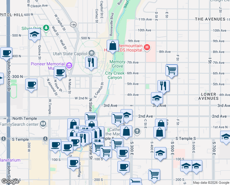 map of restaurants, bars, coffee shops, grocery stores, and more near in Salt Lake City