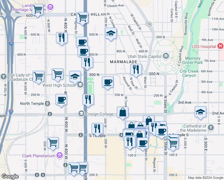 map of restaurants, bars, coffee shops, grocery stores, and more near 142 West 200 North in Salt Lake City