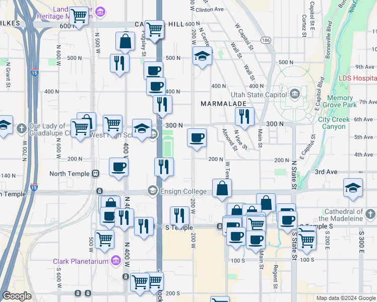 map of restaurants, bars, coffee shops, grocery stores, and more near 229 North 200 West in Salt Lake City