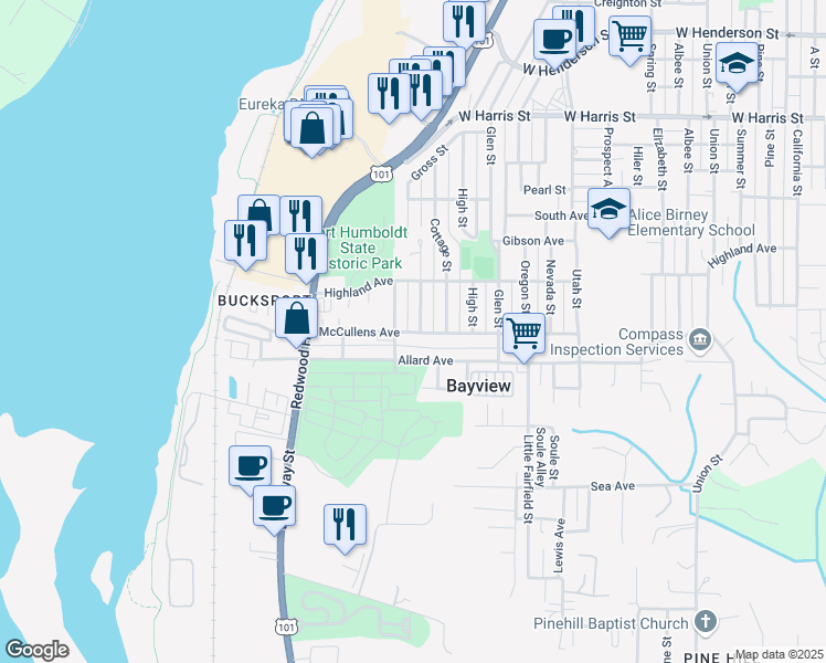 map of restaurants, bars, coffee shops, grocery stores, and more near 3568 Dakota Street in Eureka