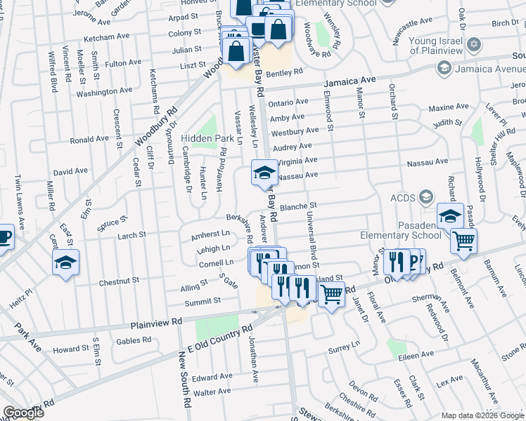 map of restaurants, bars, coffee shops, grocery stores, and more near 11 Columbia Road in Hicksville