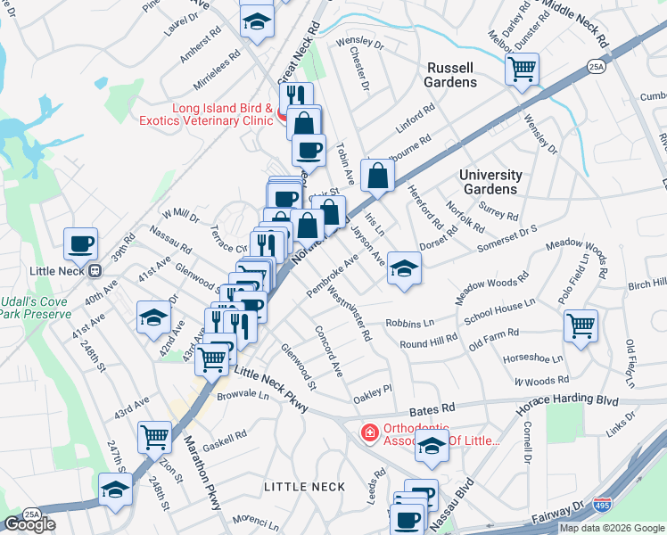 map of restaurants, bars, coffee shops, grocery stores, and more near 258 13 Pembroke Avenue in Great Neck