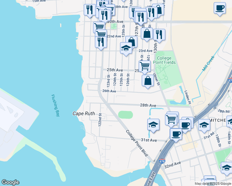map of restaurants, bars, coffee shops, grocery stores, and more near 123-11 26th Avenue in Queens