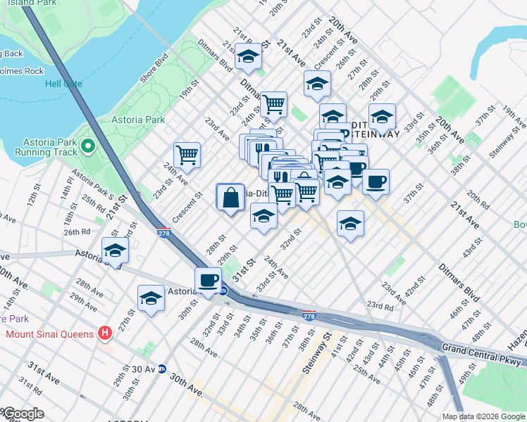 map of restaurants, bars, coffee shops, grocery stores, and more near 23-41 28th Street in Queens