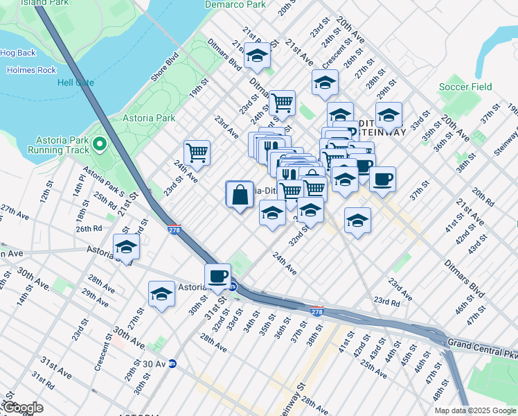 map of restaurants, bars, coffee shops, grocery stores, and more near 23-41 28th Street in Queens