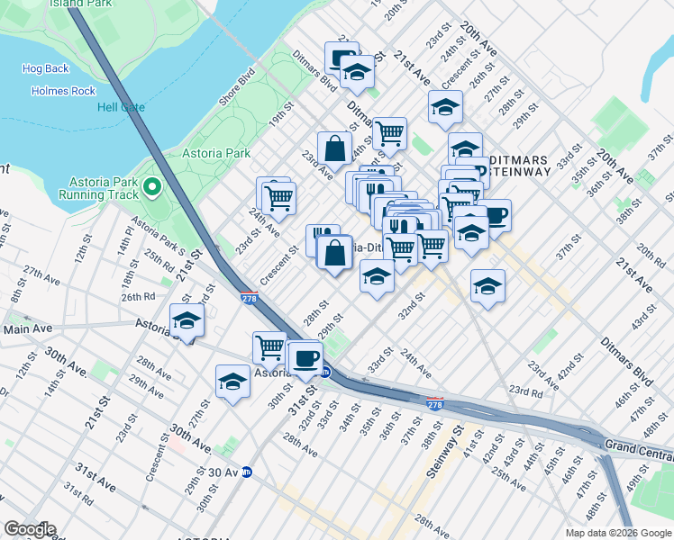 map of restaurants, bars, coffee shops, grocery stores, and more near 23-71 27th Street in Queens