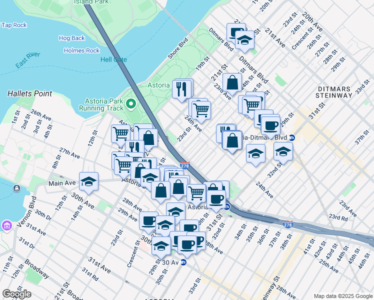 map of restaurants, bars, coffee shops, grocery stores, and more near in Queens