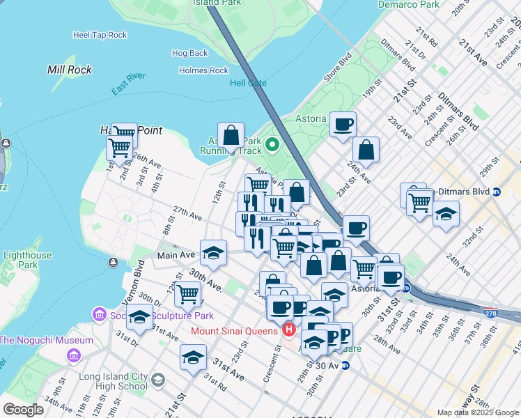 map of restaurants, bars, coffee shops, grocery stores, and more near 18-16 25th Road in Queens