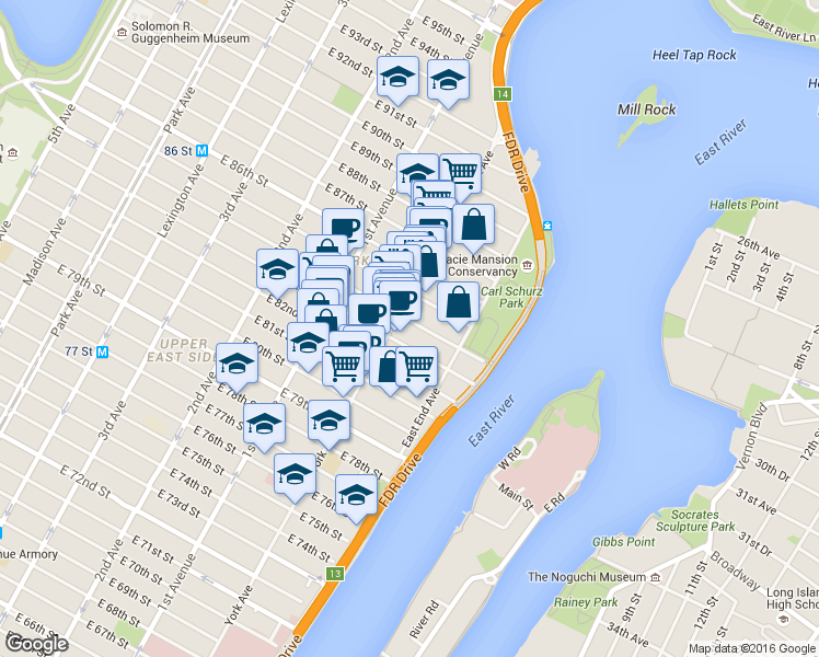 map of restaurants, bars, coffee shops, grocery stores, and more near 519 East 84th Street in New York