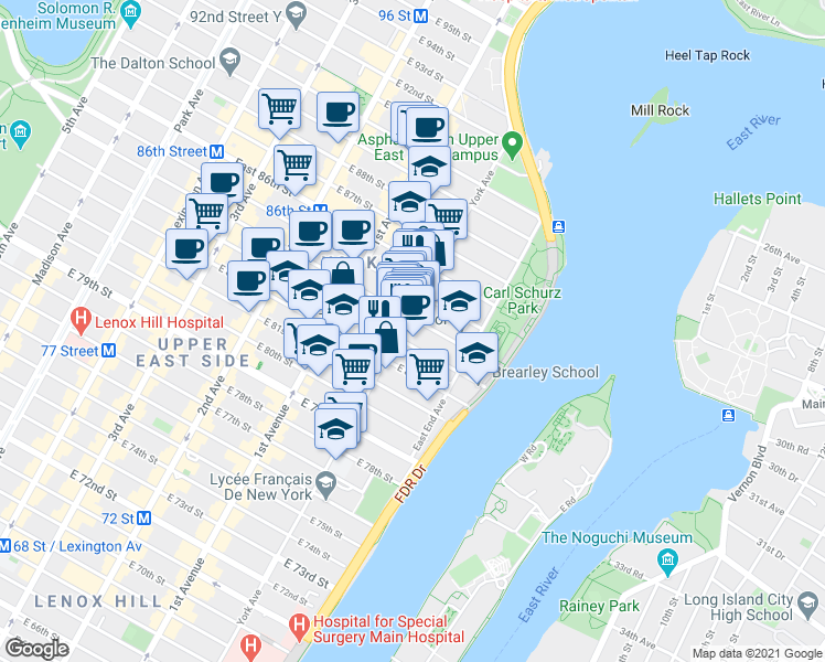 map of restaurants, bars, coffee shops, grocery stores, and more near 1575 York Avenue in New York