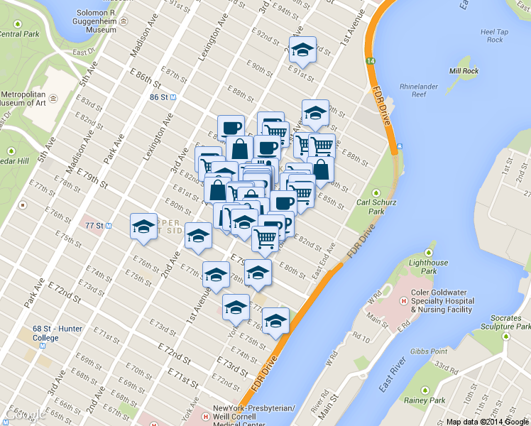 map of restaurants, bars, coffee shops, grocery stores, and more near 408 East 82nd Street in New York