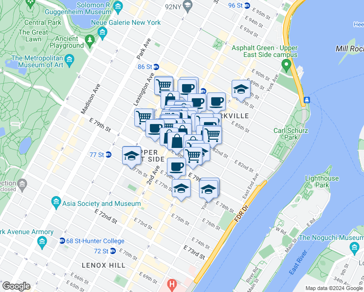 map of restaurants, bars, coffee shops, grocery stores, and more near 313 East 81st Street in New York