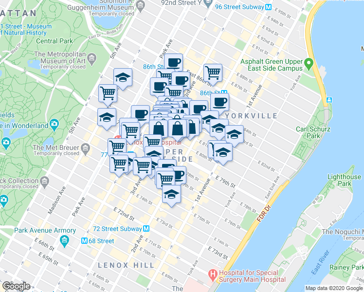 map of restaurants, bars, coffee shops, grocery stores, and more near 222 East 80th Street in New York