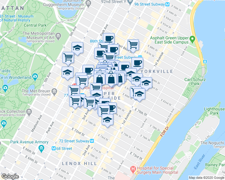 map of restaurants, bars, coffee shops, grocery stores, and more near 222 East 80th Street in New York