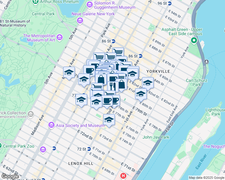 map of restaurants, bars, coffee shops, grocery stores, and more near 222 East 80th Street in New York