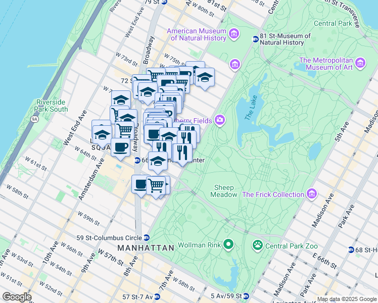 map of restaurants, bars, coffee shops, grocery stores, and more near 88 Central Park West in New York