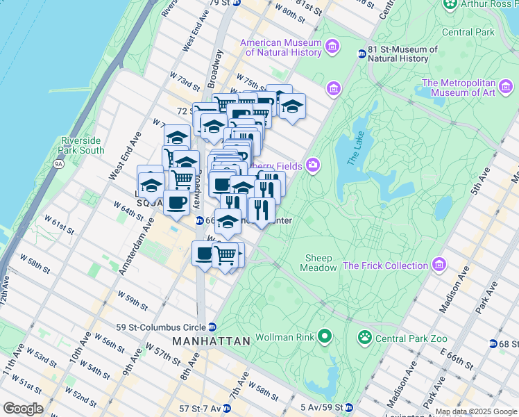 map of restaurants, bars, coffee shops, grocery stores, and more near 88 Central Park West in New York