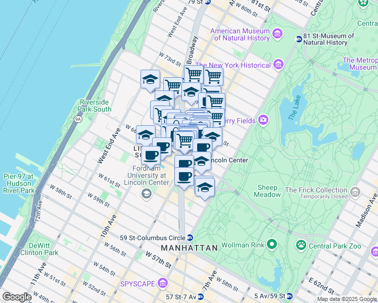 map of restaurants, bars, coffee shops, grocery stores, and more near 150 Columbus Avenue in New York