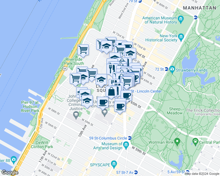 map of restaurants, bars, coffee shops, grocery stores, and more near in New York
