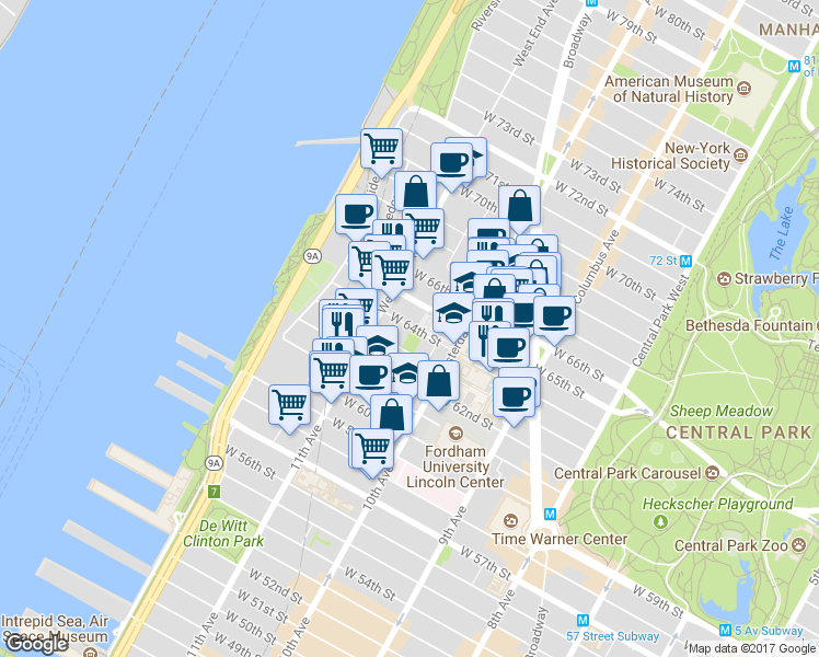 map of restaurants, bars, coffee shops, grocery stores, and more near in New York