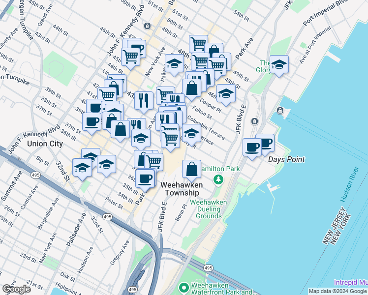 map of restaurants, bars, coffee shops, grocery stores, and more near 71 Liberty Place in Weehawken