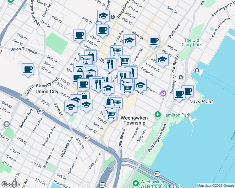 map of restaurants, bars, coffee shops, grocery stores, and more near 125 40th Street in Union City