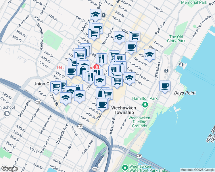 map of restaurants, bars, coffee shops, grocery stores, and more near 125 40th Street in Union City