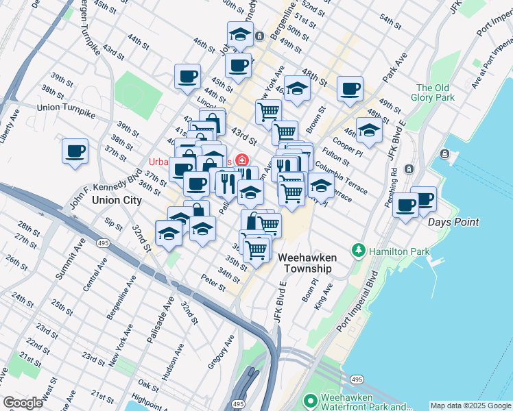 map of restaurants, bars, coffee shops, grocery stores, and more near 125 40th Street in Union City