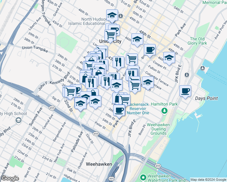 map of restaurants, bars, coffee shops, grocery stores, and more near 208 39th Street in Union City
